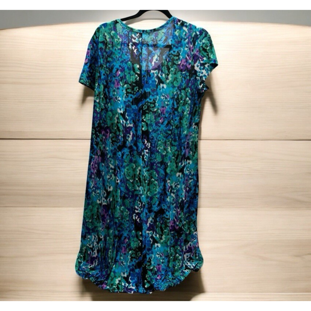 La Cera Midi Dress Size L Pleated Waist Blue Purple Floral Print Round Neckline - Picture 4 of 8